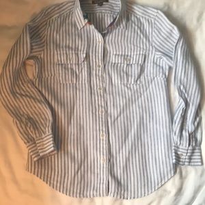 Tommy Bahama white linen w blue stripes medium weight shirt generous fit EUC